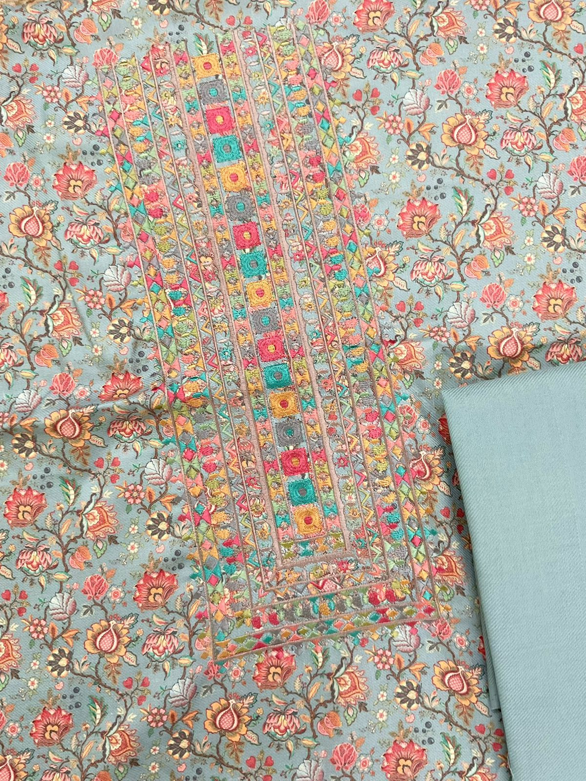 Soft Woollen Spun Silk Printed Embroidered Suit - Blue