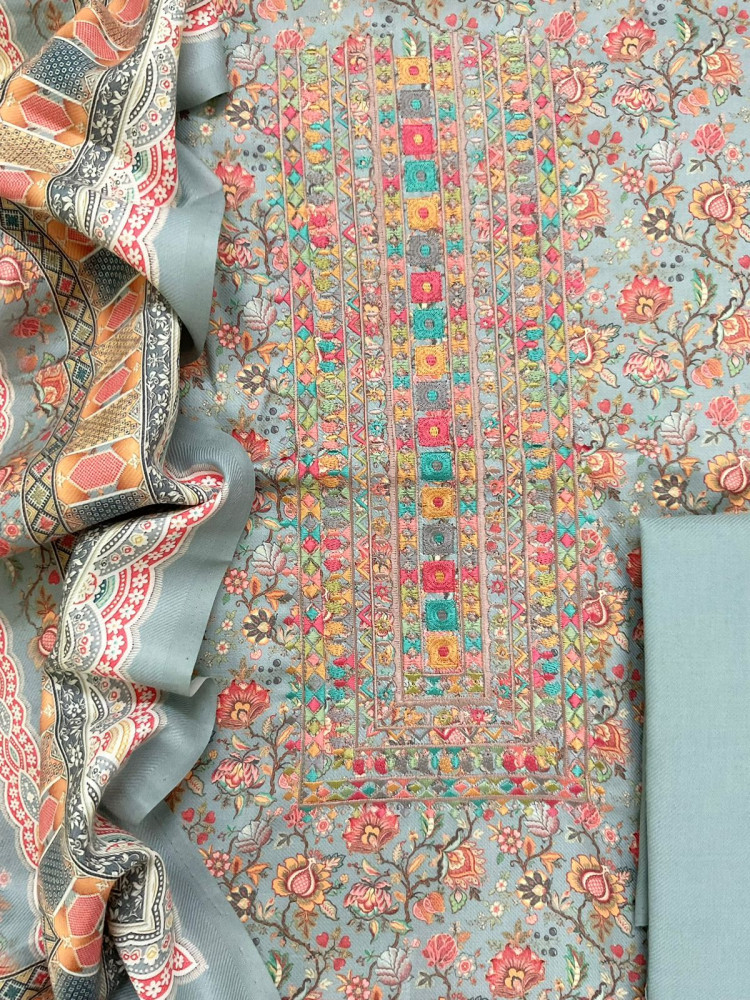Image of Soft Woollen Spun Silk Printed Embroidered Suit - Blue