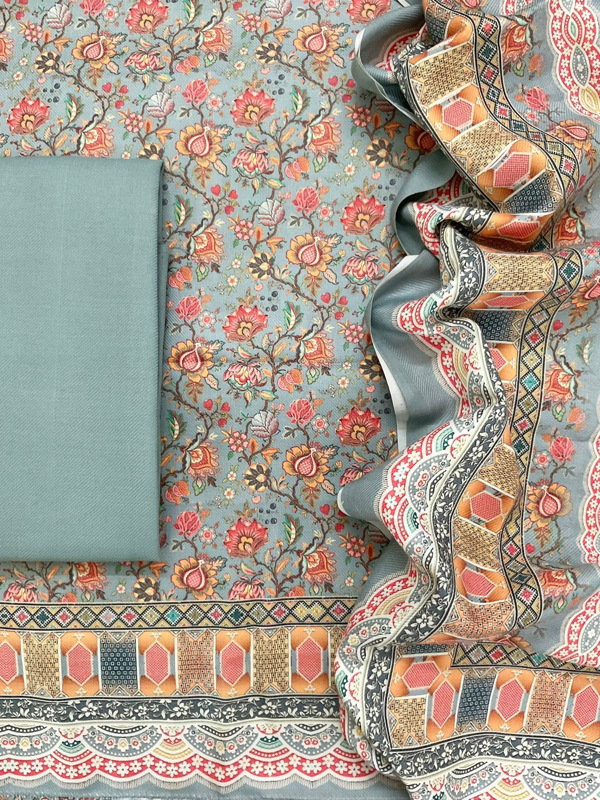 Soft Woollen Spun Silk Printed Embroidered Suit - Blue