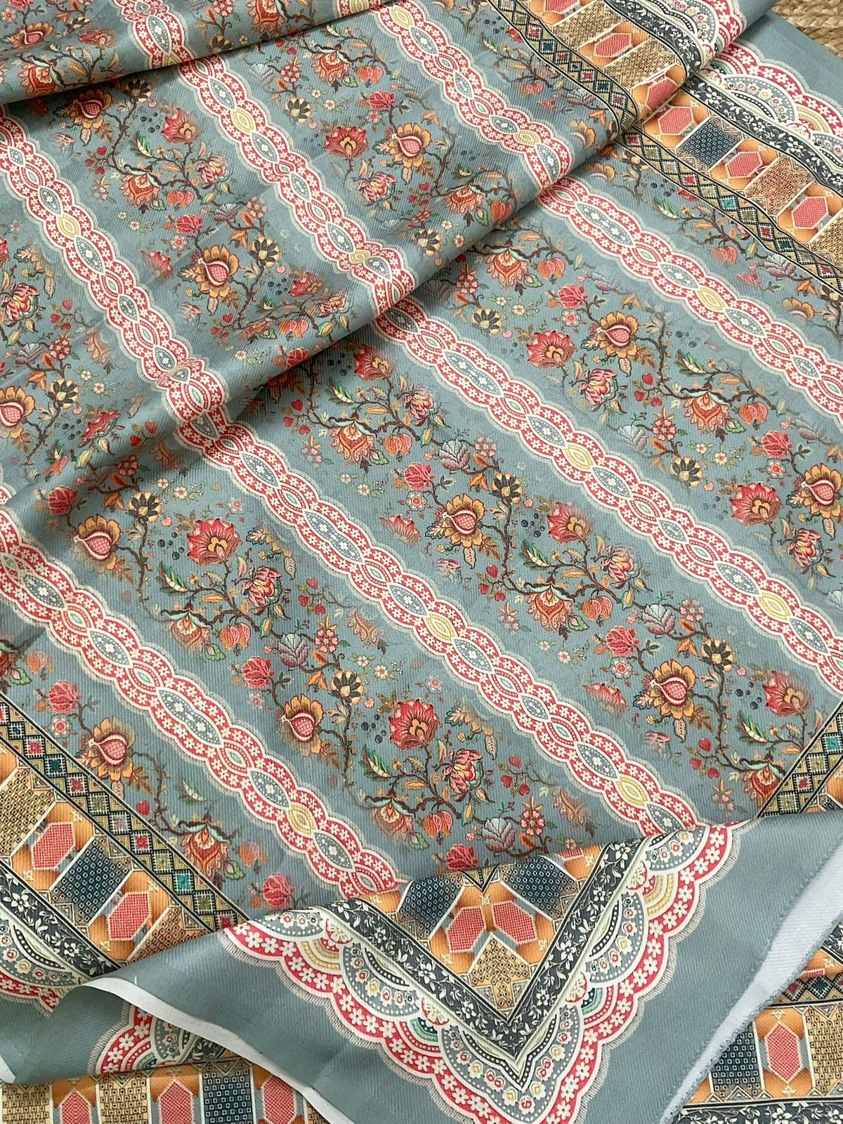 Soft Woollen Spun Silk Printed Embroidered Suit - Blue