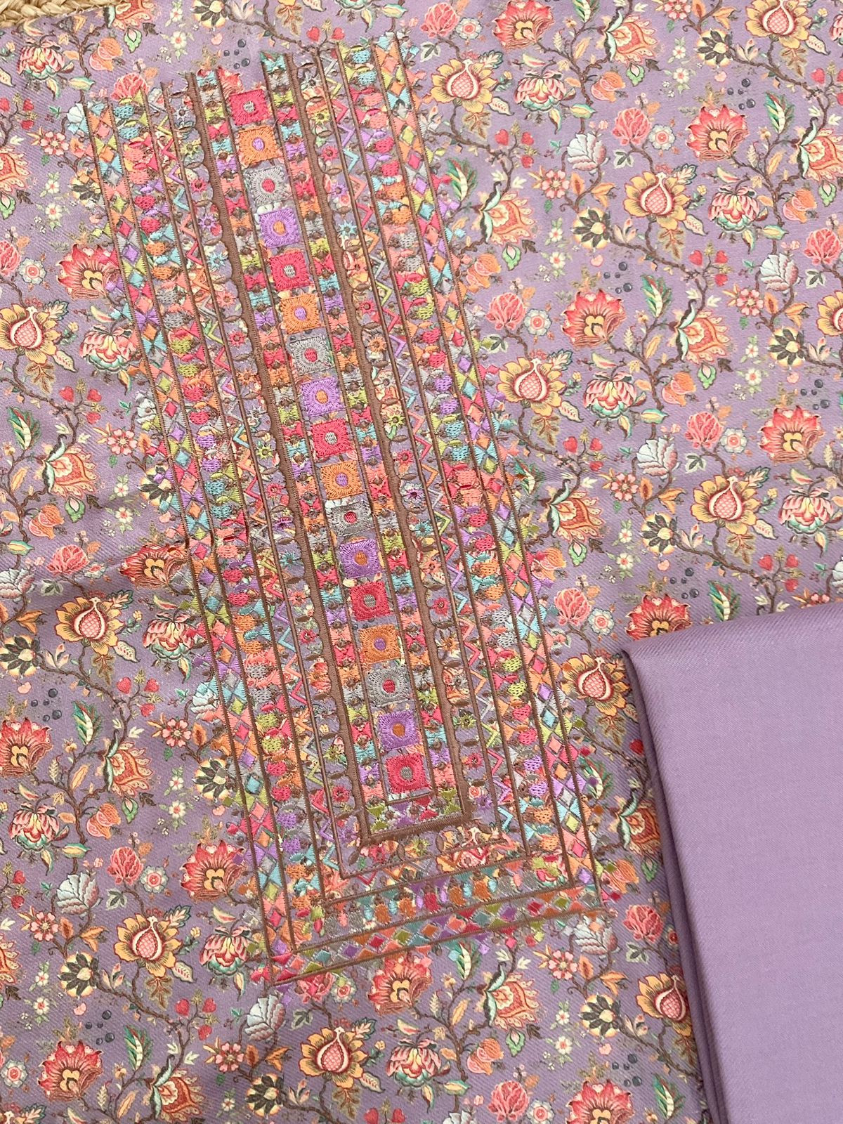 Soft Woollen Spun Silk Printed Embroidered Suit - Lavender