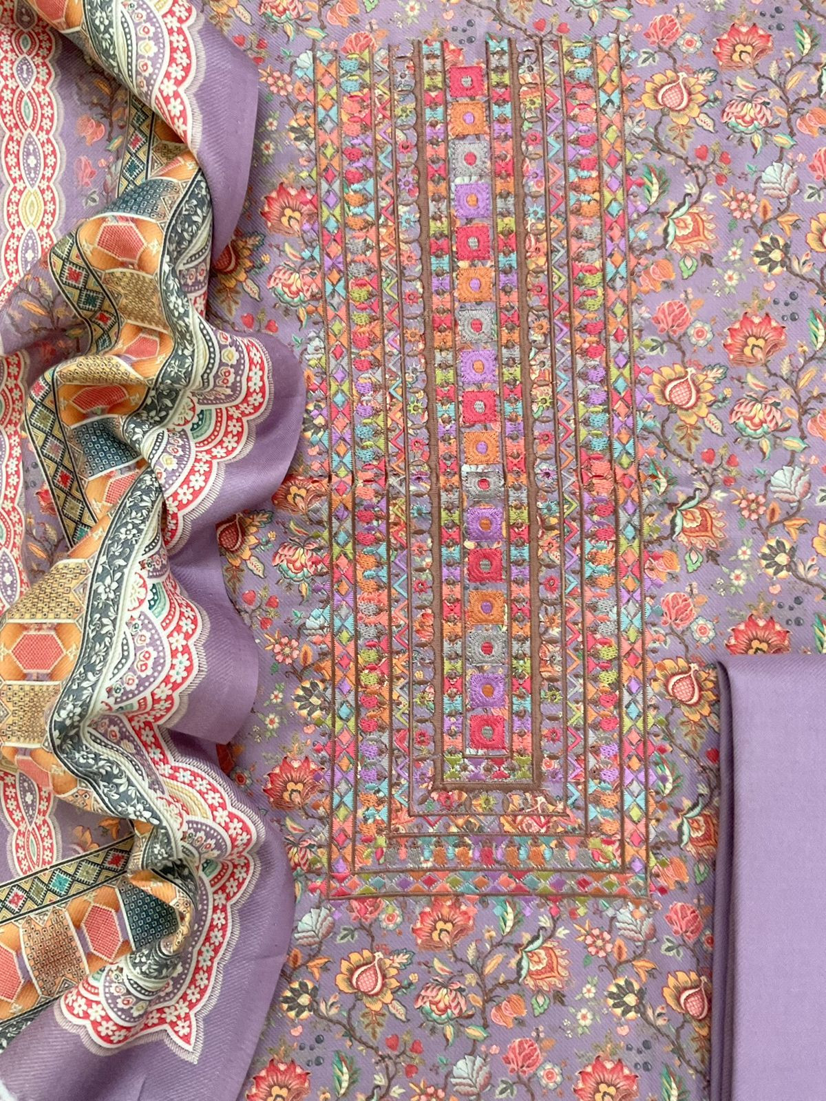 Soft Woollen Spun Silk Printed Embroidered Suit - Lavender
