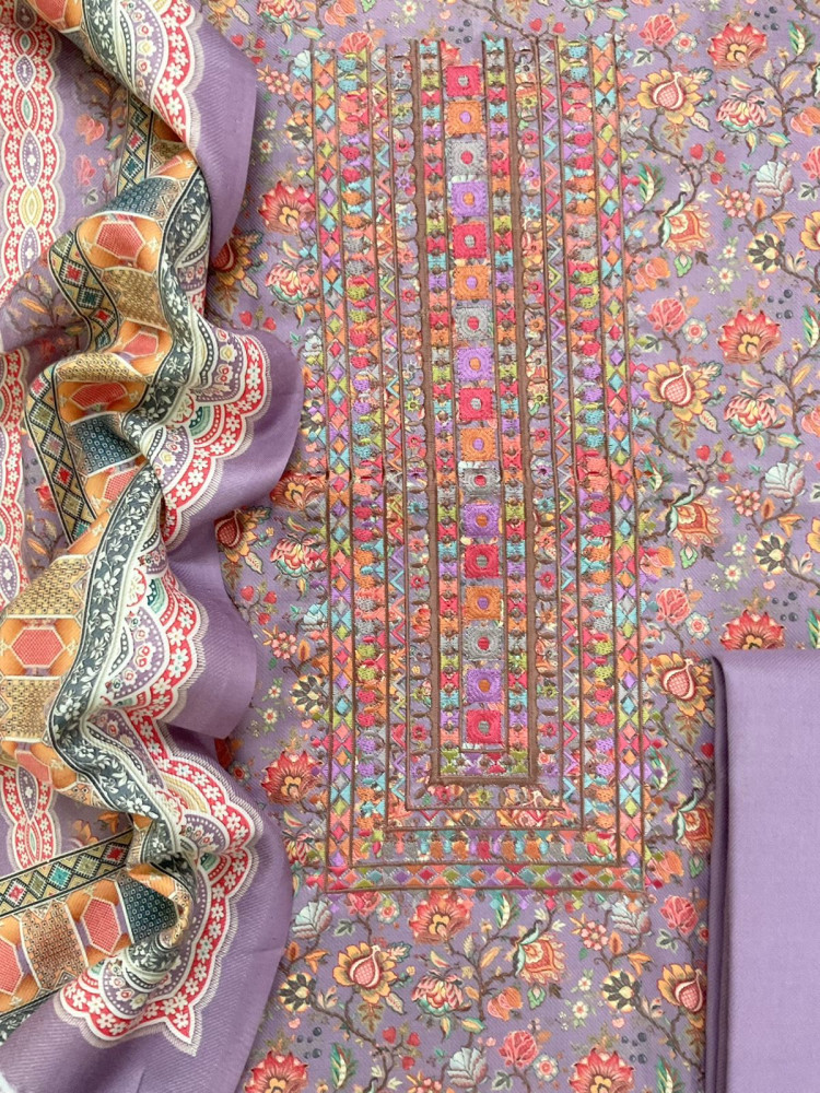 Image of Soft Woollen Spun Silk Printed Embroidered Suit - Lavender