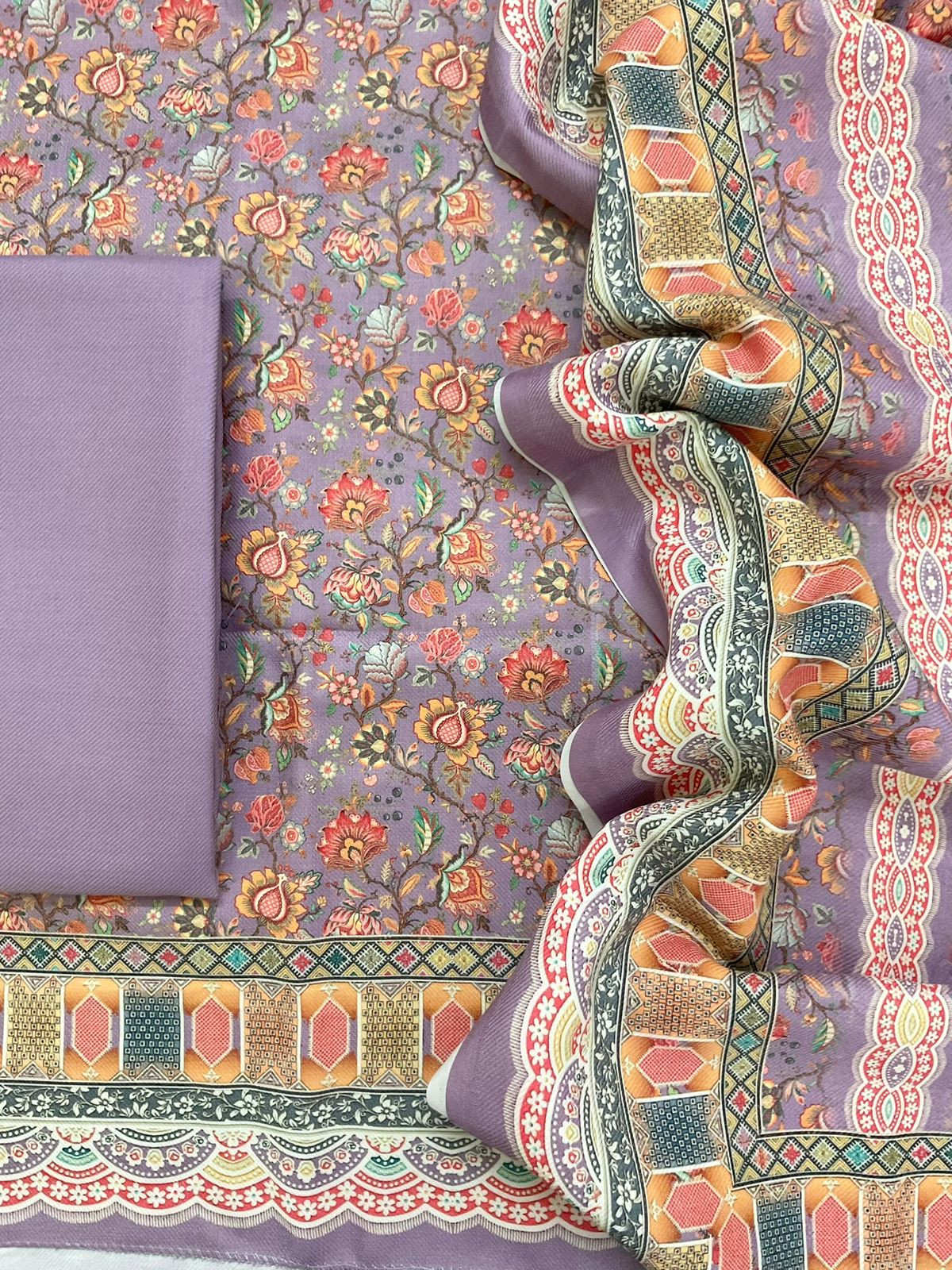 Soft Woollen Spun Silk Printed Embroidered Suit - Lavender