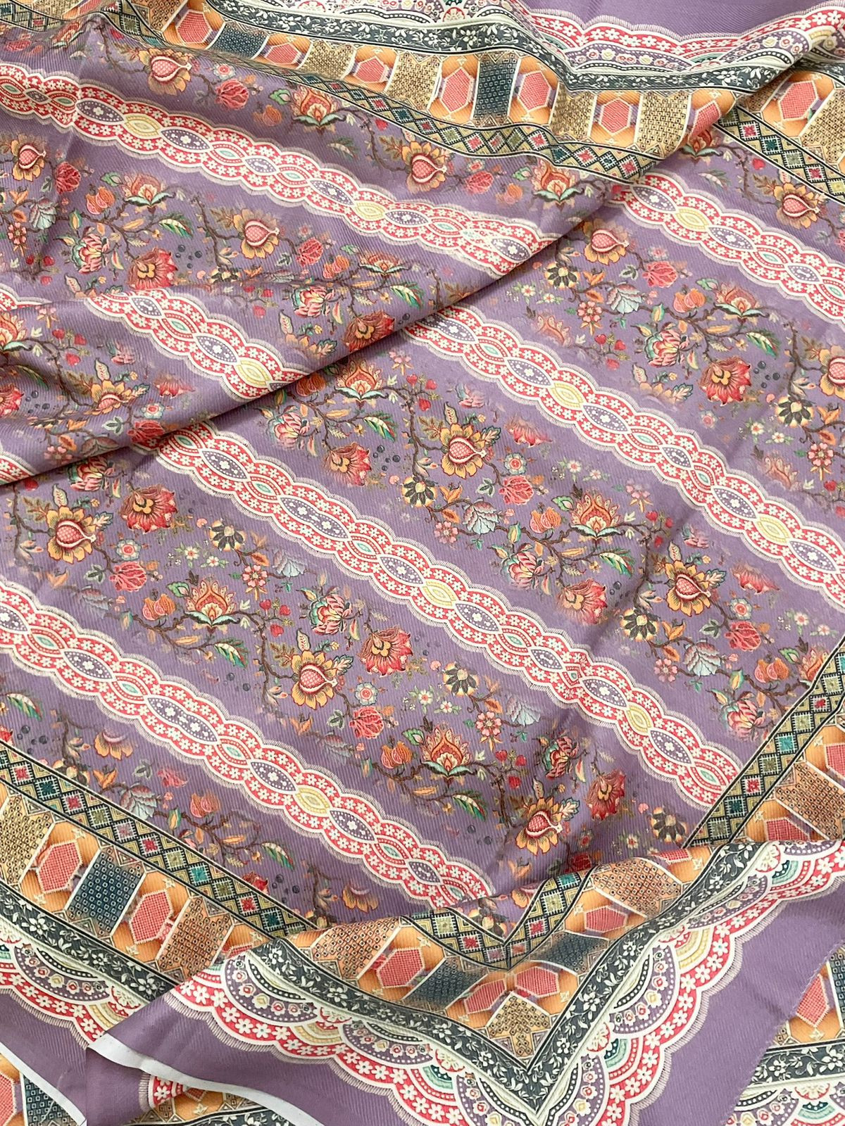 Soft Woollen Spun Silk Printed Embroidered Suit - Lavender