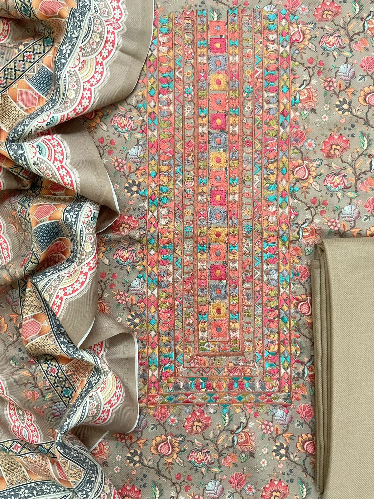 Soft Woollen Spun Silk Printed Embroidered Suit - Beigish Green