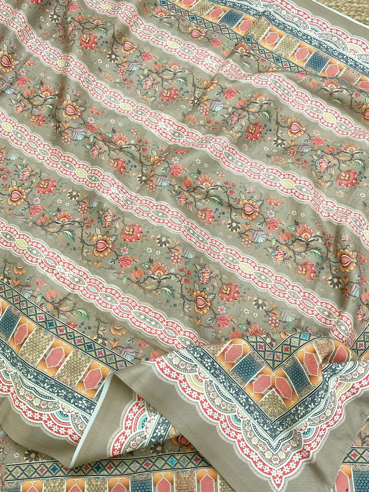 Soft Woollen Spun Silk Printed Embroidered Suit - Beigish Green