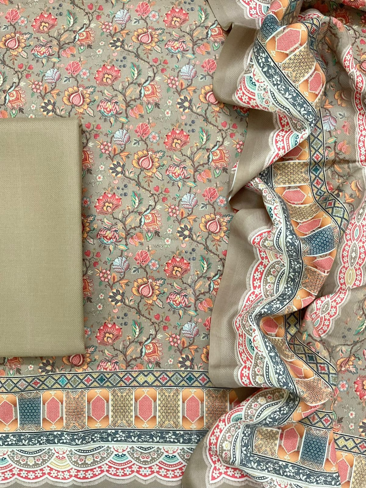 Soft Woollen Spun Silk Printed Embroidered Suit - Beigish Green