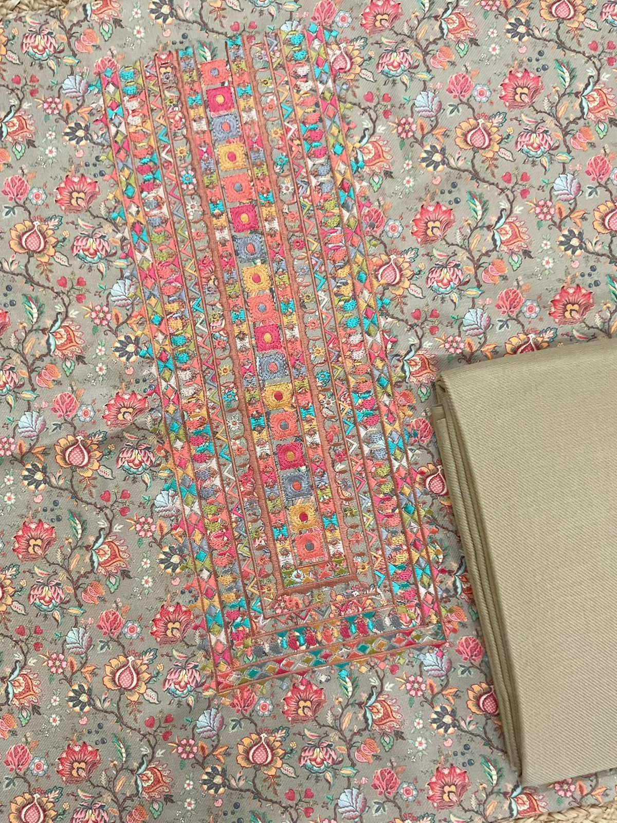 Soft Woollen Spun Silk Printed Embroidered Suit - Beigish Green