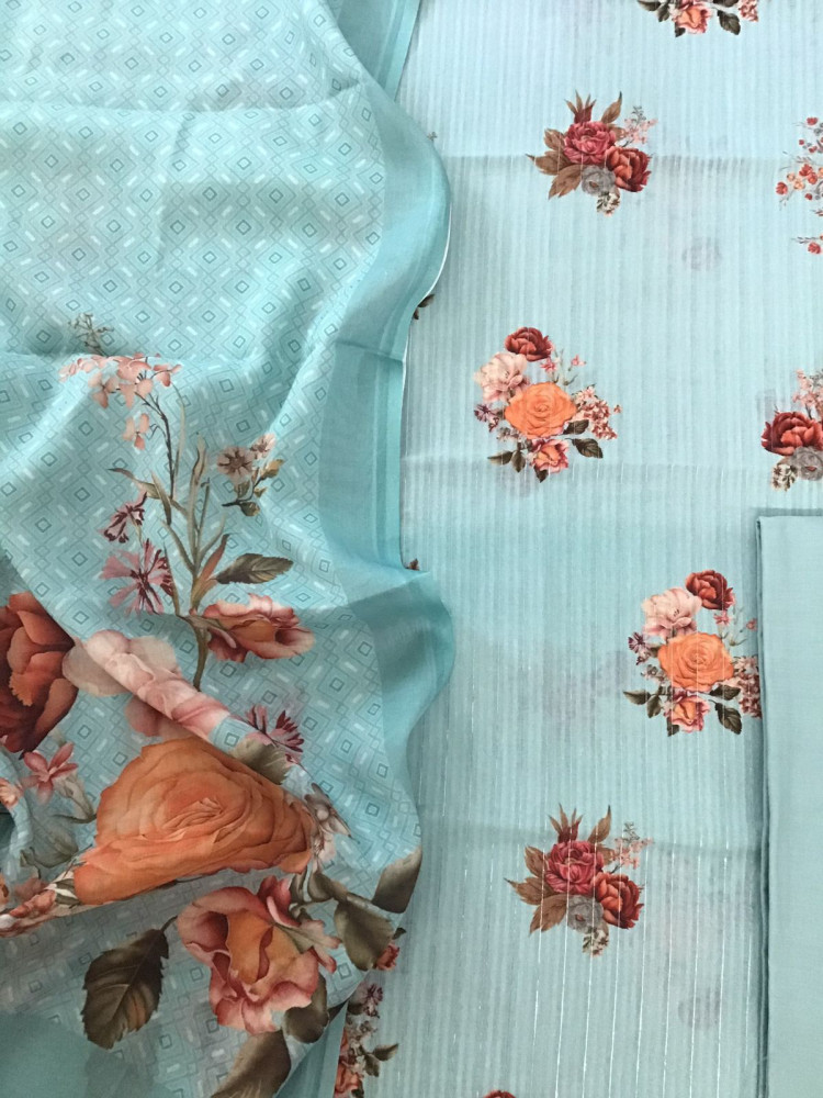 Image of Pure Cotton Printed Self Weaved Suit - Blue