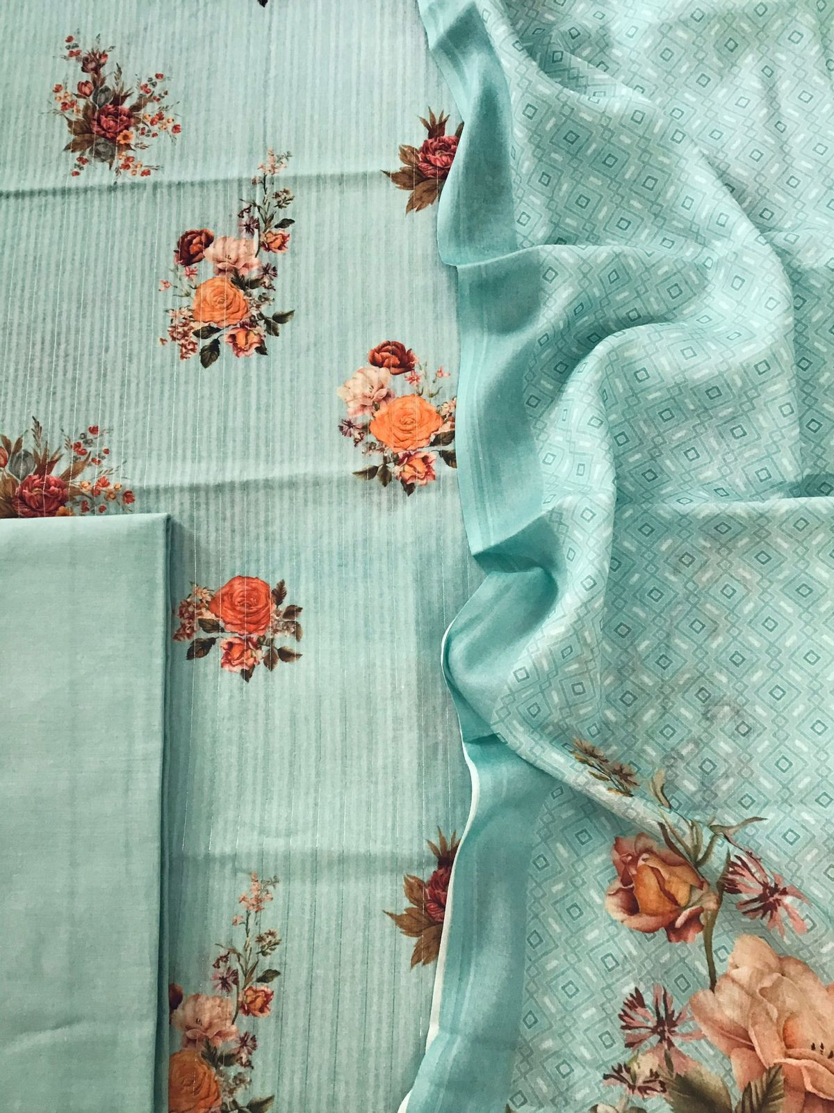 Pure Cotton Printed Self Weaved Suit - Blue