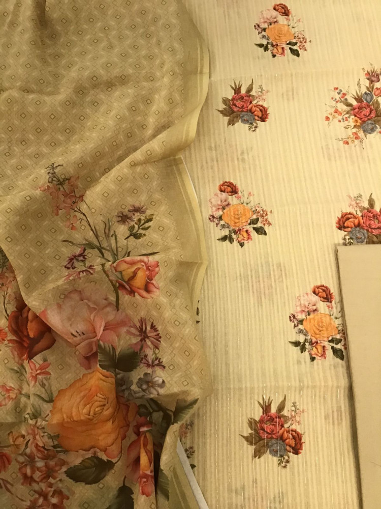 Image of Pure Cotton Printed Self Weaved Suit - Beige