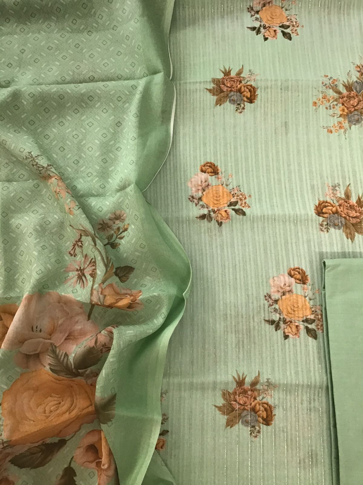 Pure Cotton Printed Self Weaved Suit - Green