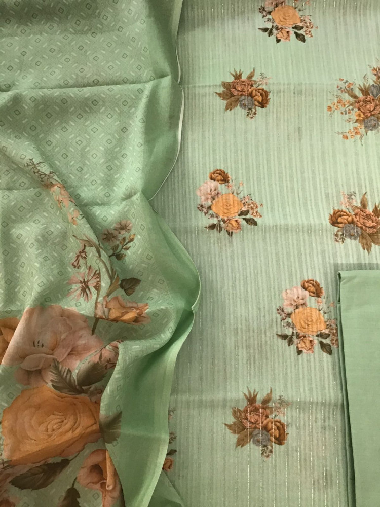 Image of Pure Cotton Printed Self Weaved Suit - Green