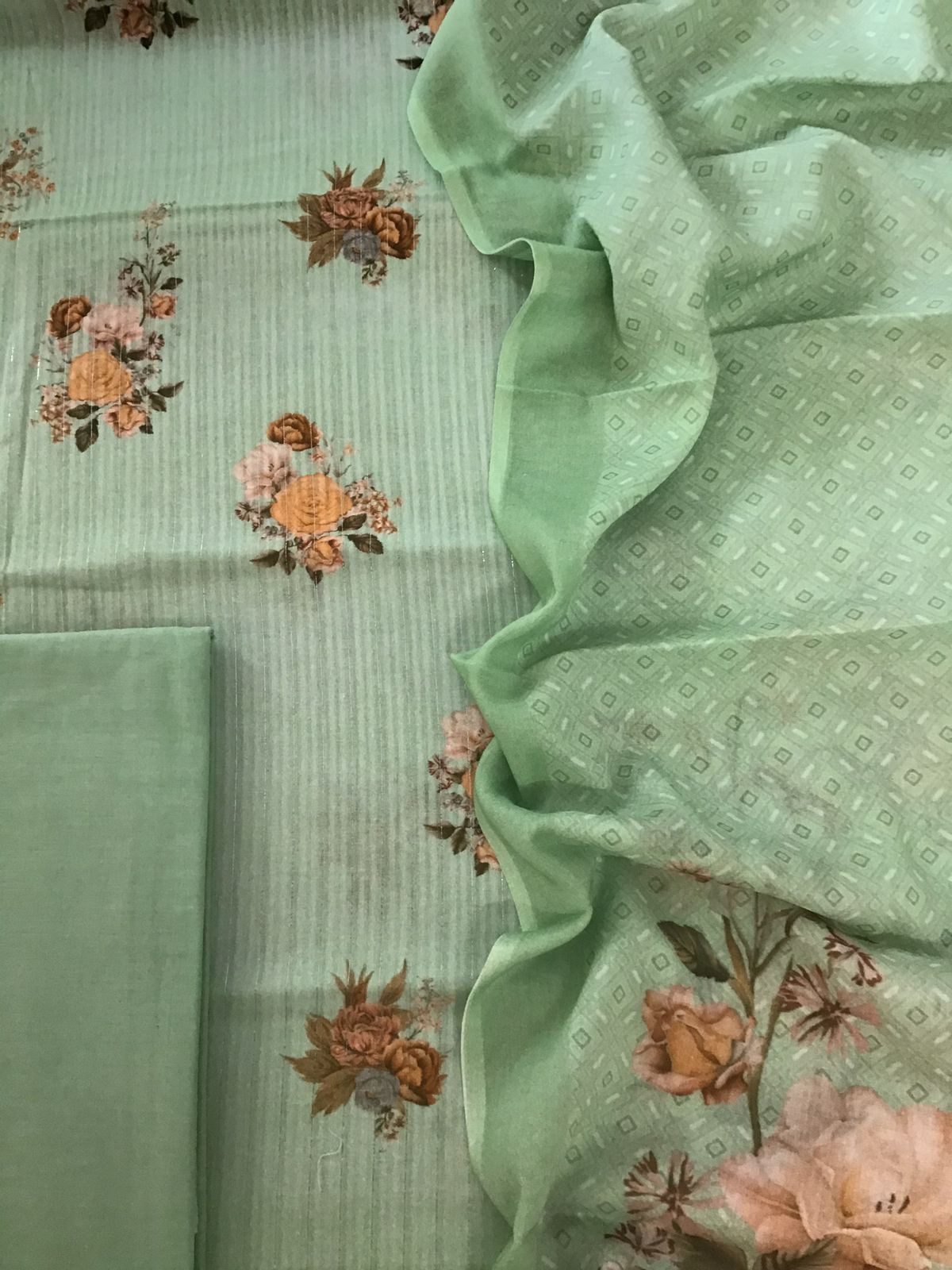 Pure Cotton Printed Self Weaved Suit - Green
