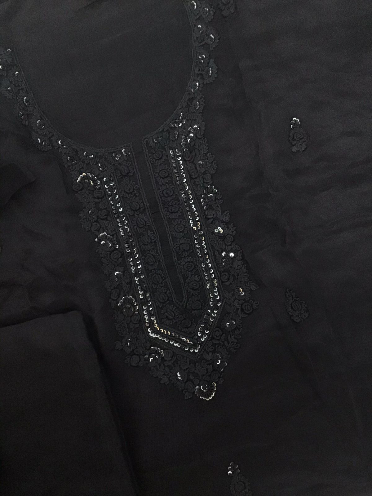 Pure Chinnon Silk Embroidered Suit - Black