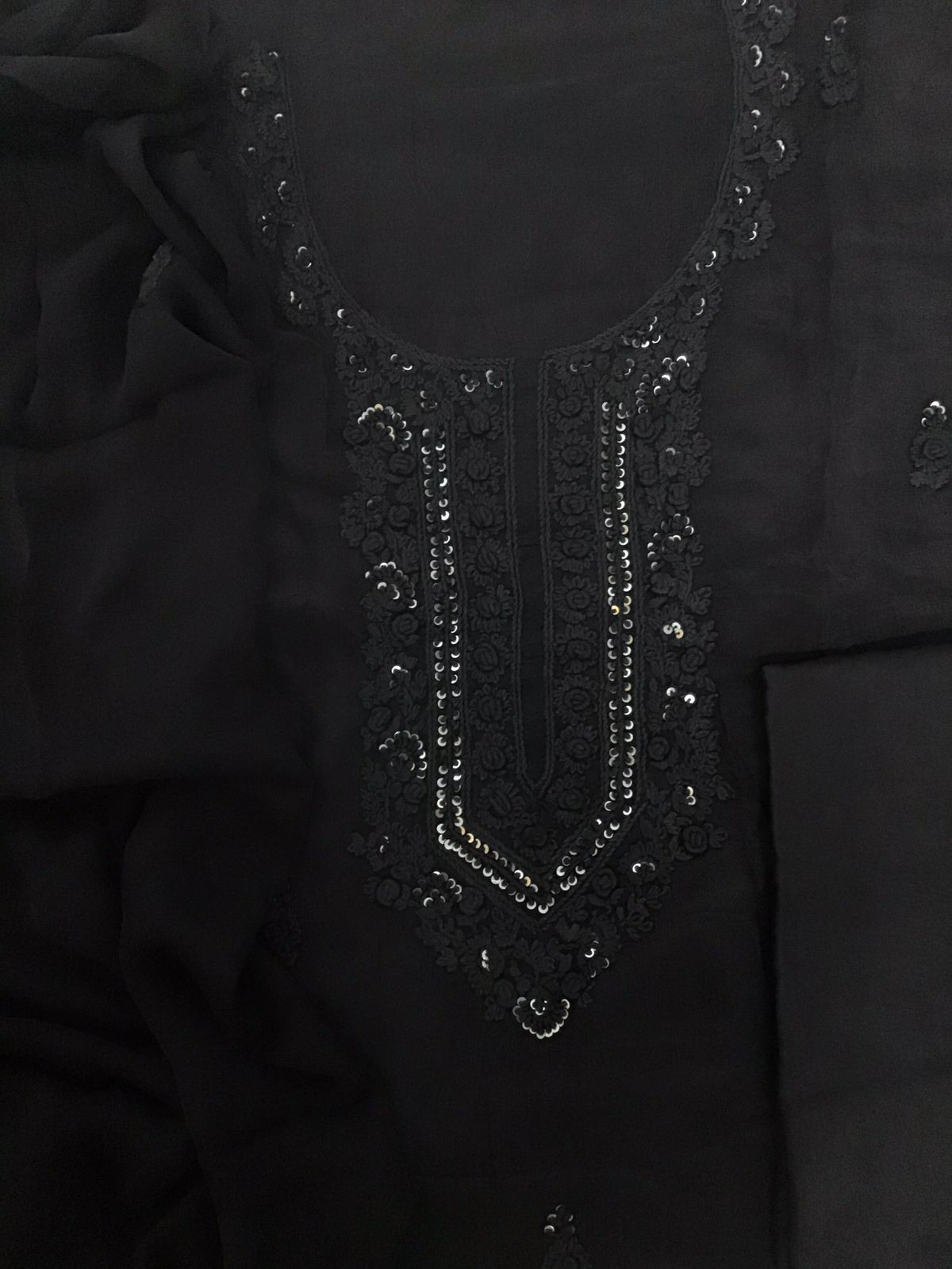 Pure Chinnon Silk Embroidered Suit - Black