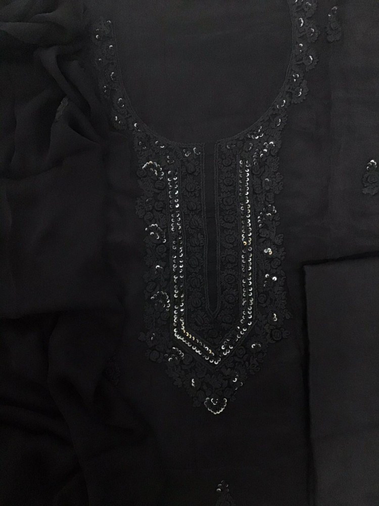 Image of Pure Chinnon Silk Embroidered Suit - Black