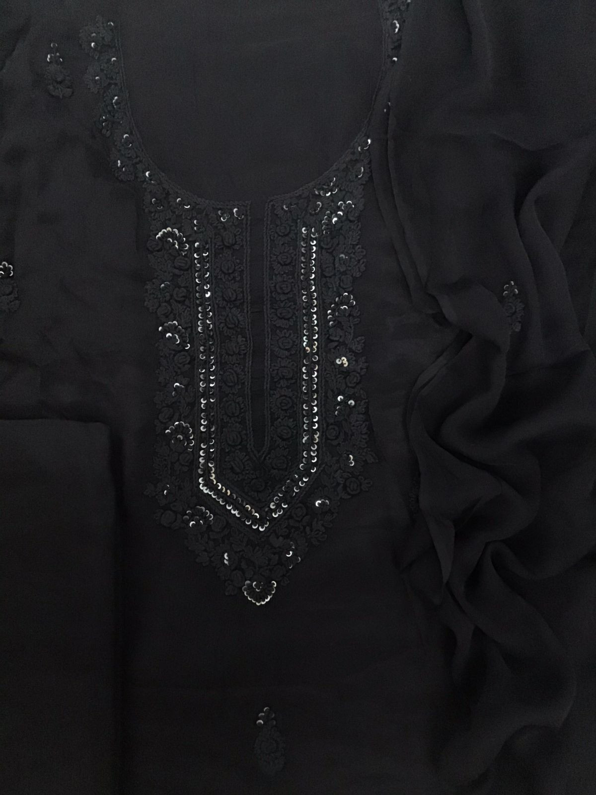 Pure Chinnon Silk Embroidered Suit - Black