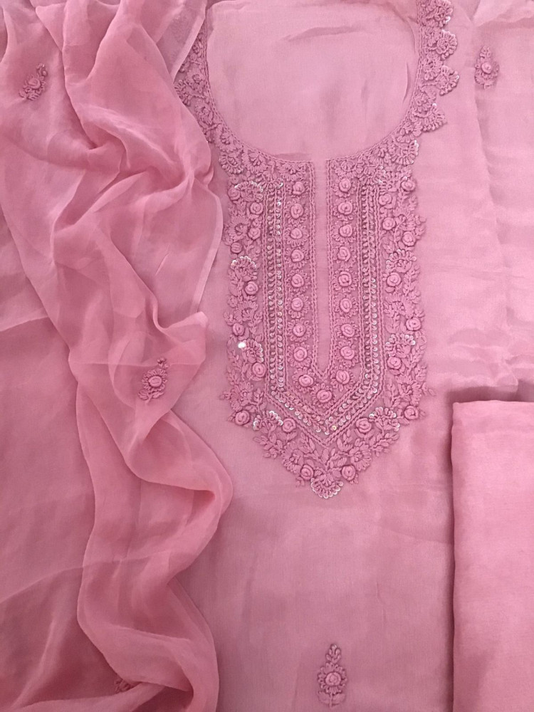 Image of Pure Chinnon Silk Embroidered Suit - Pink