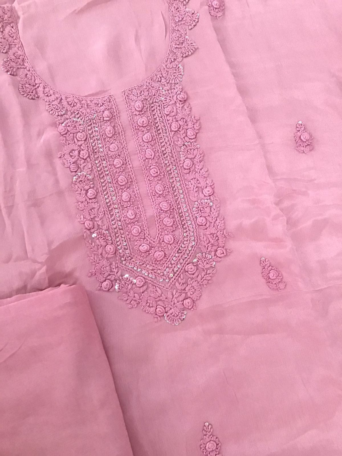 Pure Chinnon Silk Embroidered Suit - Pink