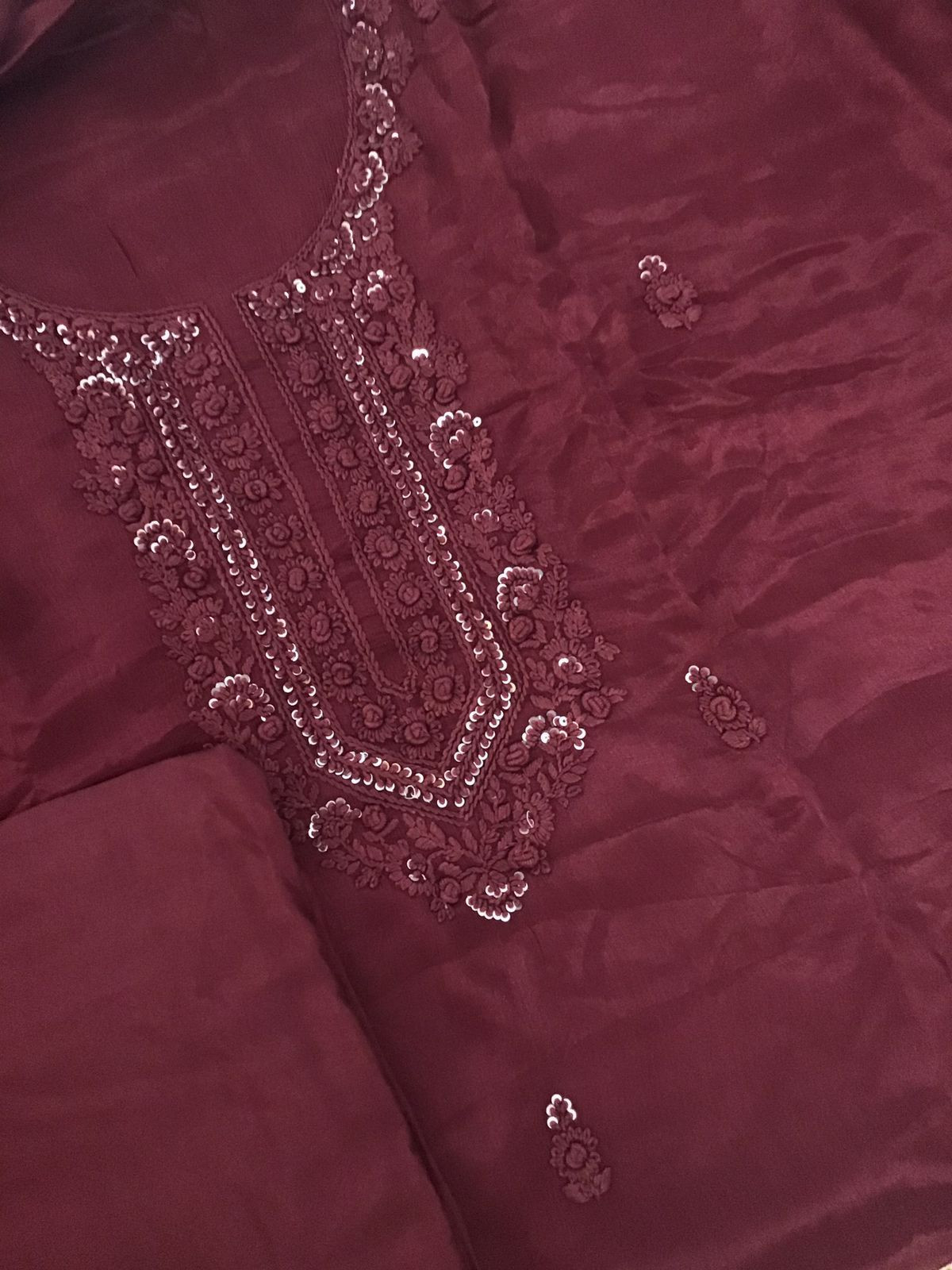 Pure Chinnon Silk Embroidered Suit - Maroon