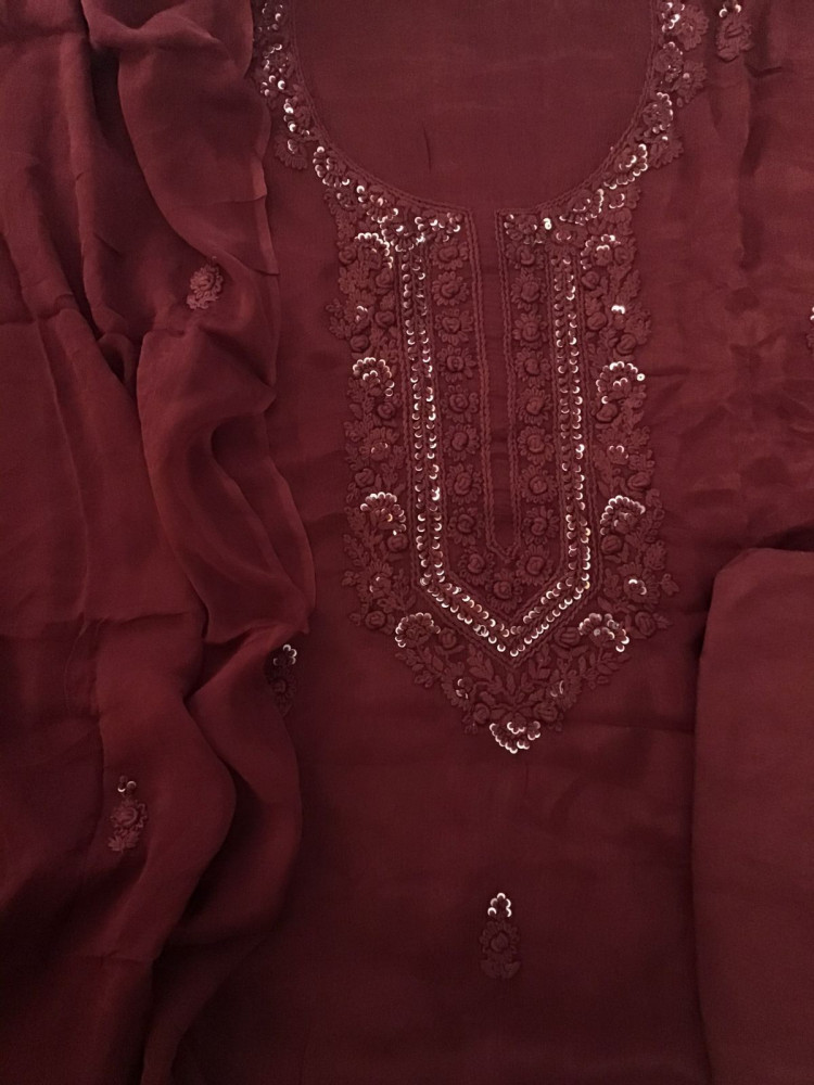 Image of Pure Chinnon Silk Embroidered Suit - Maroon