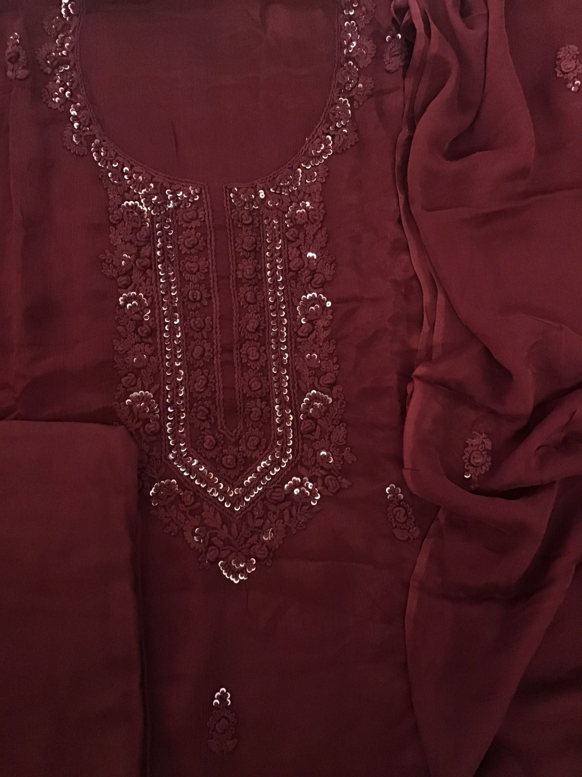 Pure Chinnon Silk Embroidered Suit - Maroon