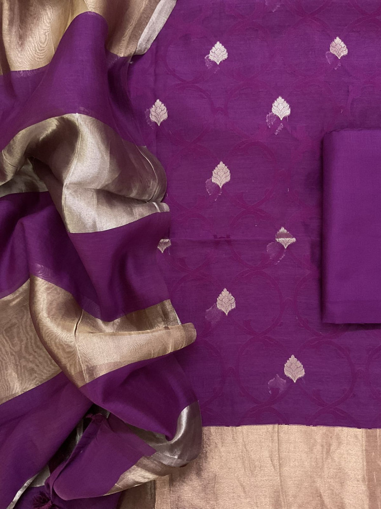 Image of Pure Chanderi Self Weaved Banarasi Weaved Suit - Wine