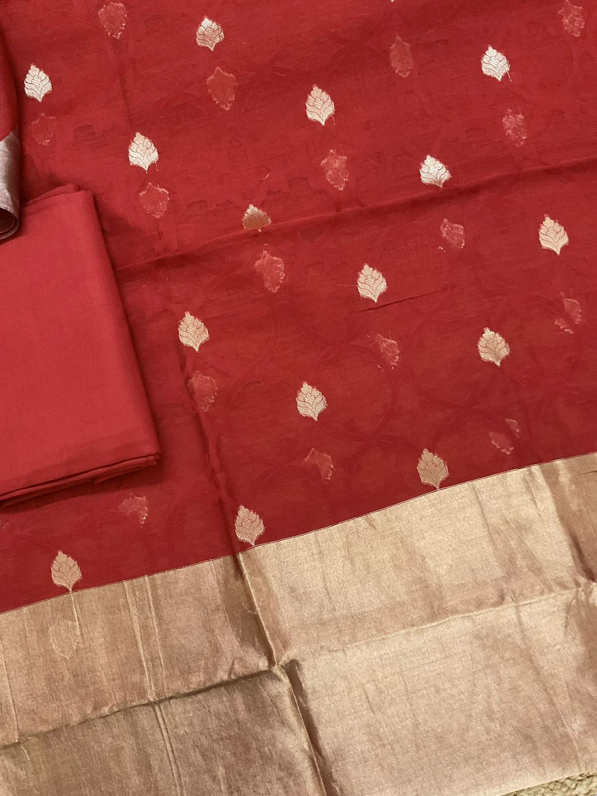 Pure Chanderi Self Weaved Banarasi Weaved Suit - Rustic Red