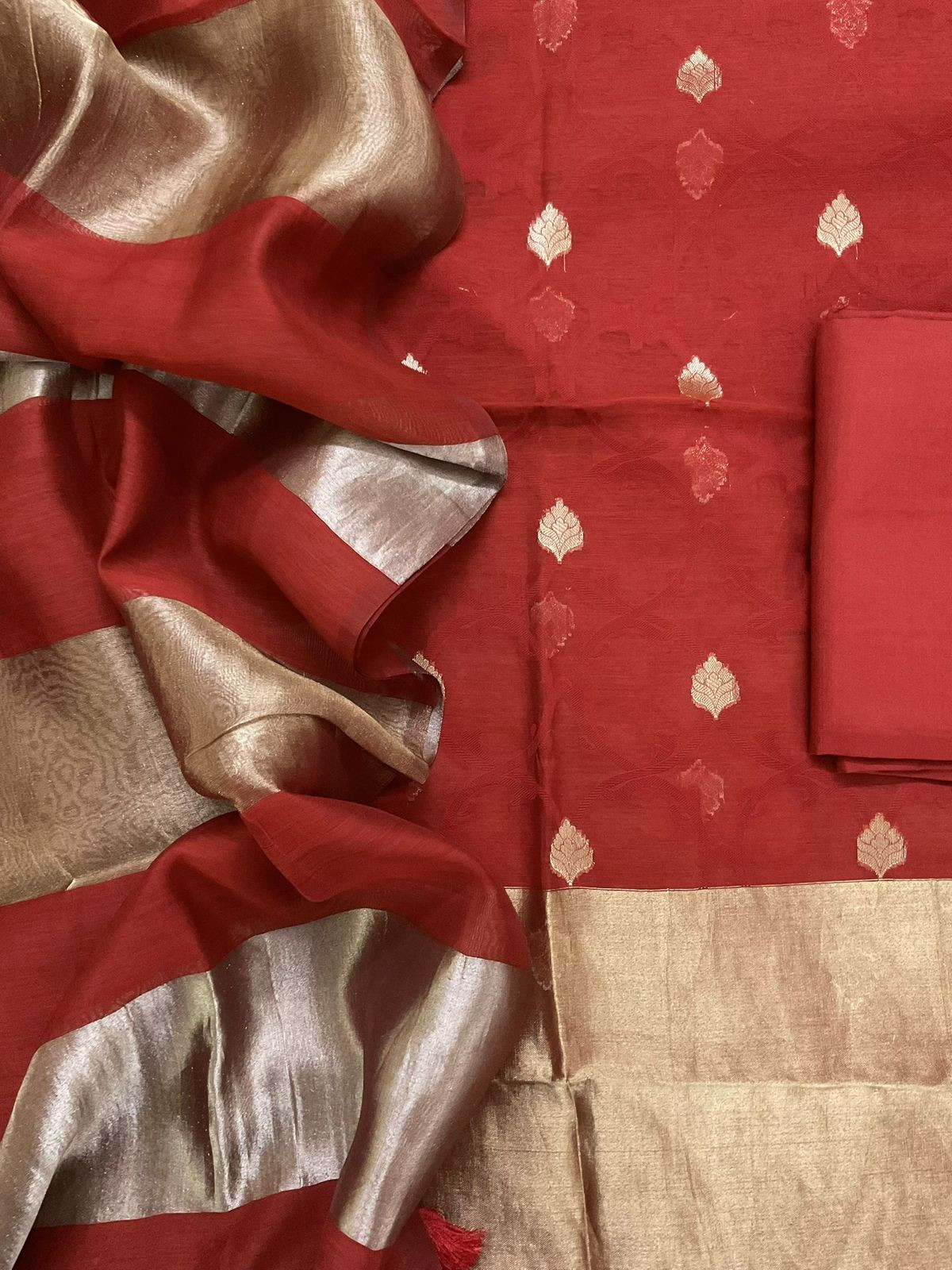 Pure Chanderi Self Weaved Banarasi Weaved Suit - Rustic Red