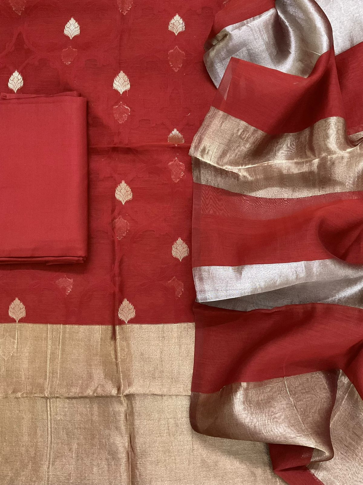 Pure Chanderi Self Weaved Banarasi Weaved Suit - Rustic Red