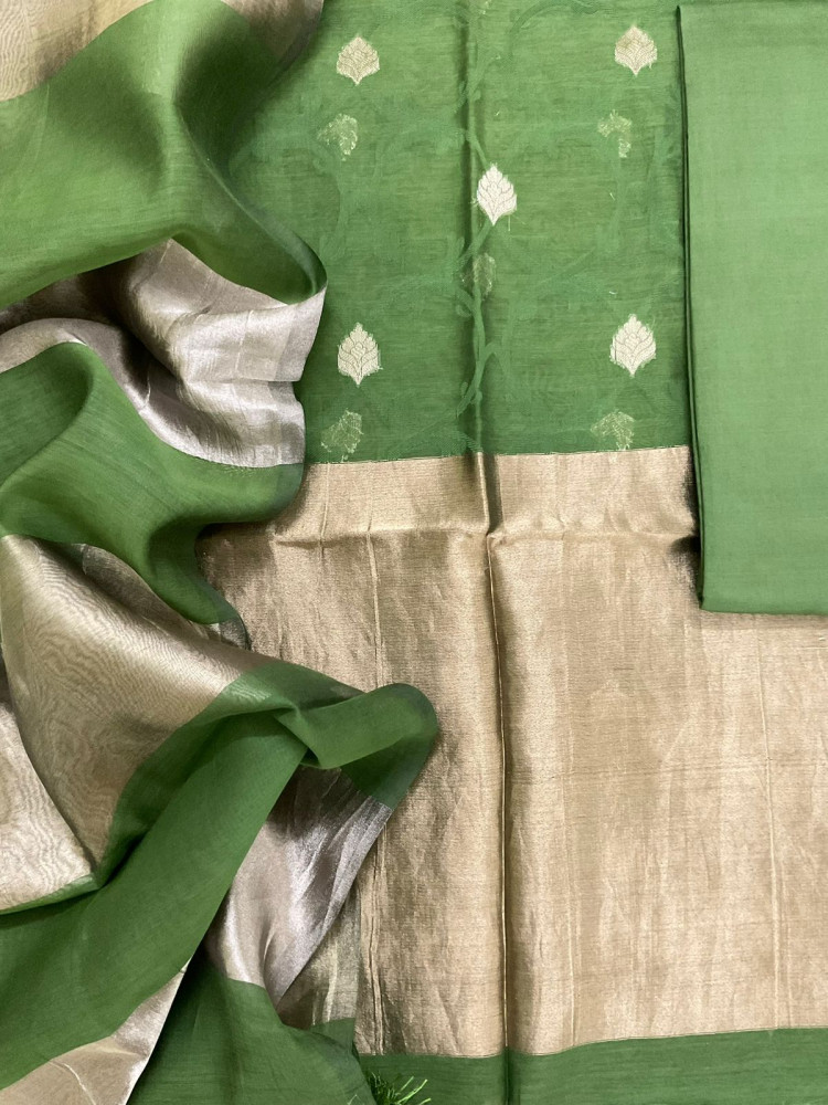 Image of Pure Chanderi Self Weaved Banarasi Weaved Suit - Green