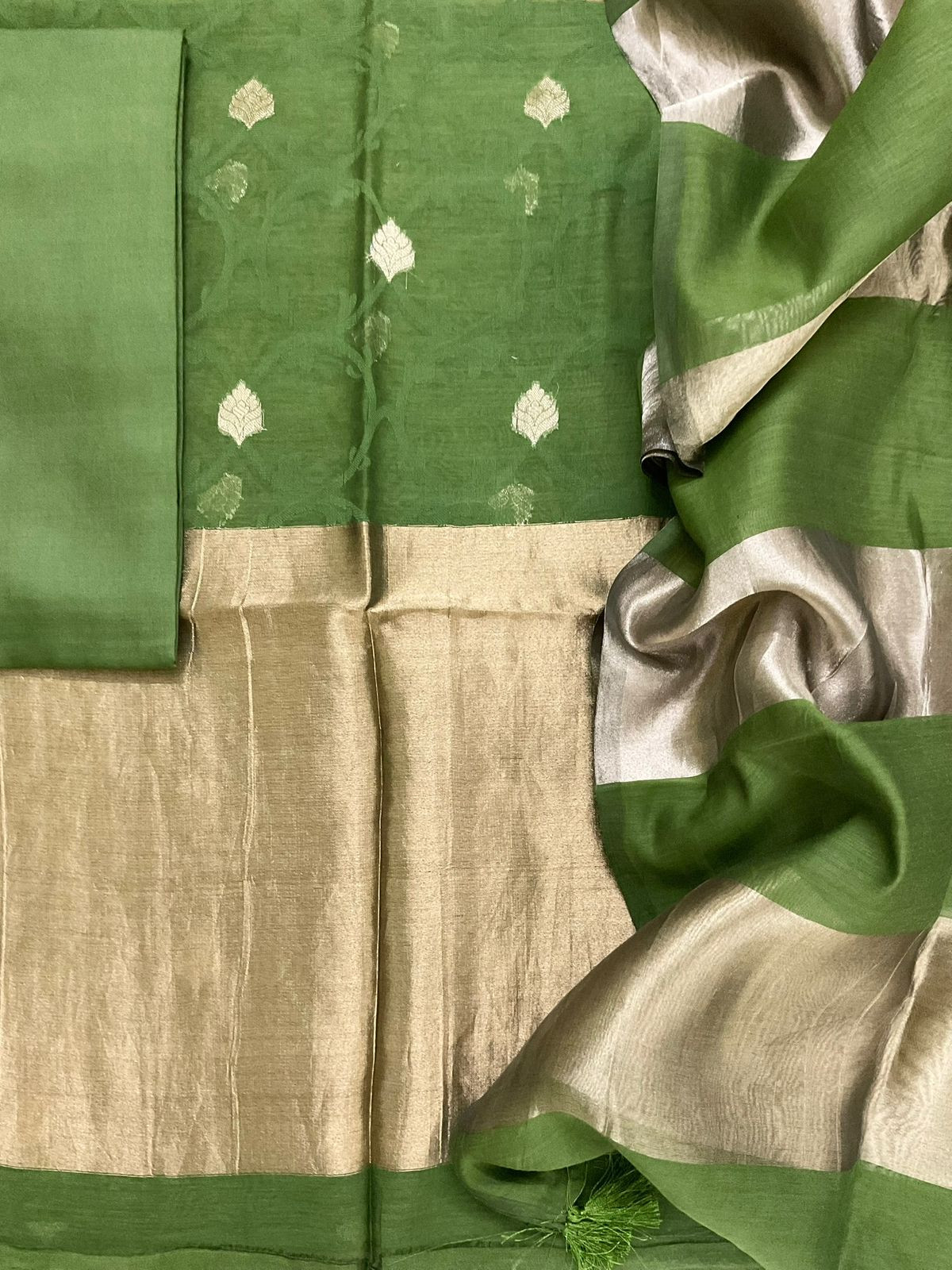 Pure Chanderi Self Weaved Banarasi Weaved Suit - Green