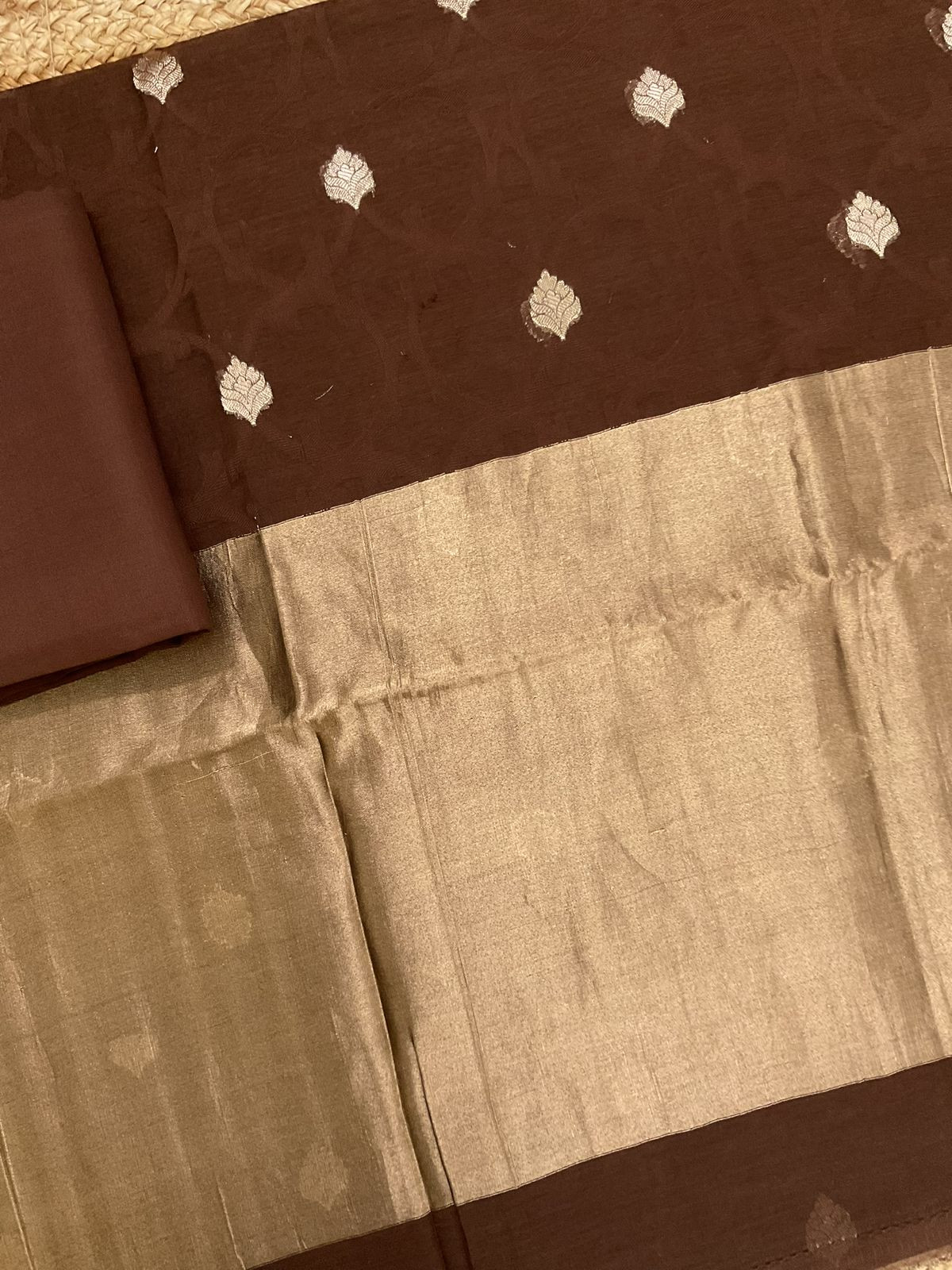 Pure Chanderi Self Weaved Banarasi Weaved Suit - Brown