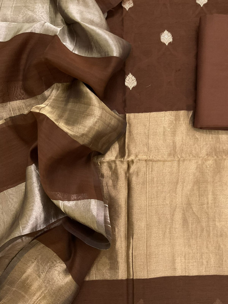 Image of Pure Chanderi Self Weaved Banarasi Weaved Suit - Brown