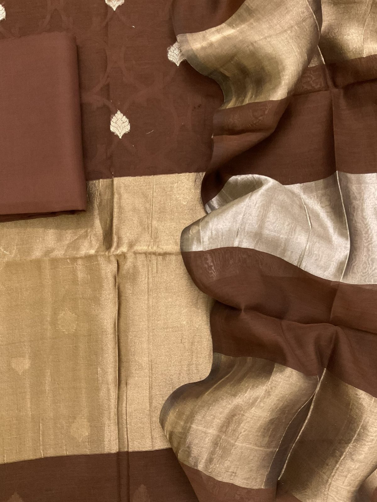 Pure Chanderi Self Weaved Banarasi Weaved Suit - Brown