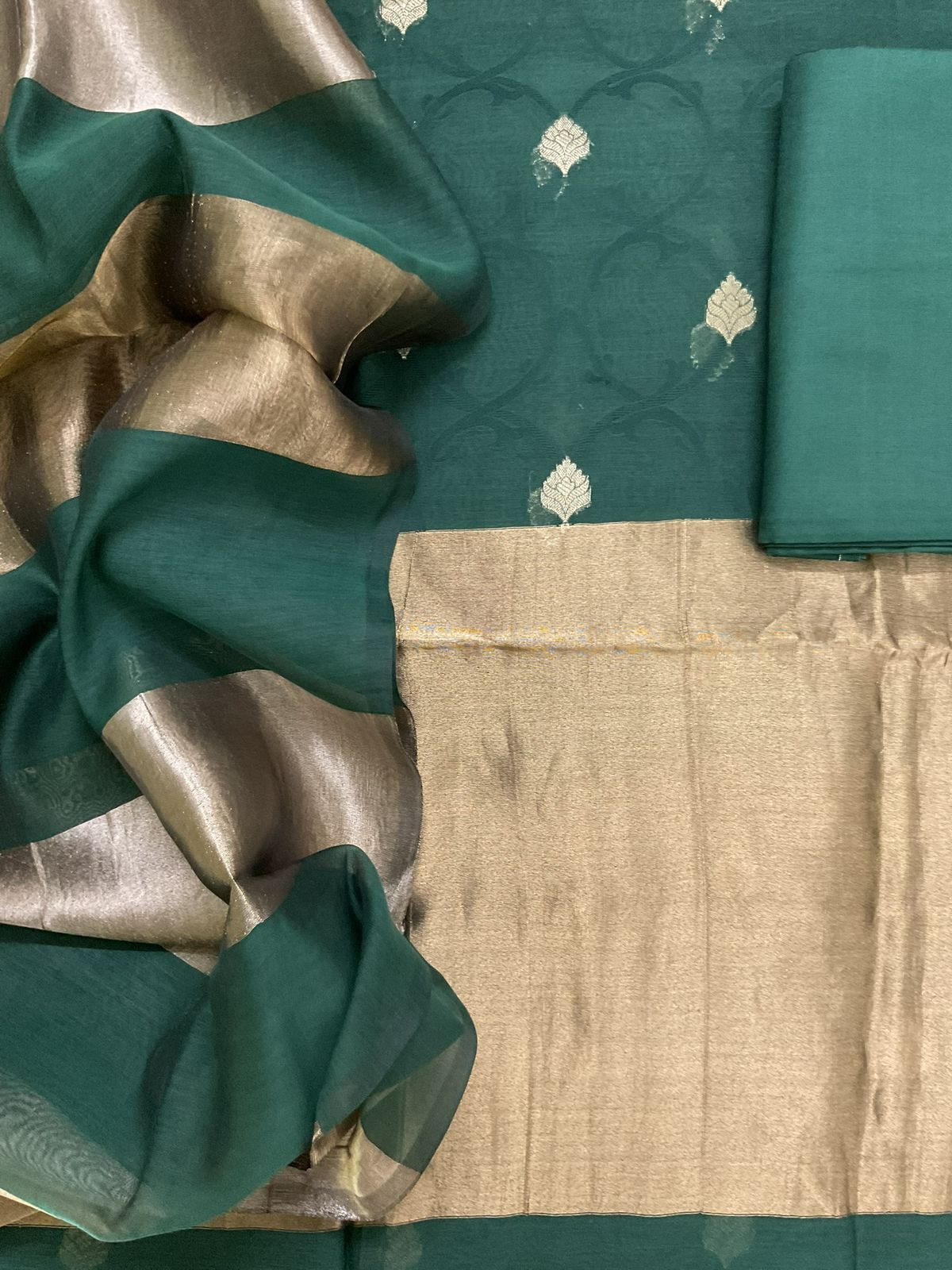Pure Chanderi Self Weaved Banarasi Weaved Suit - Green