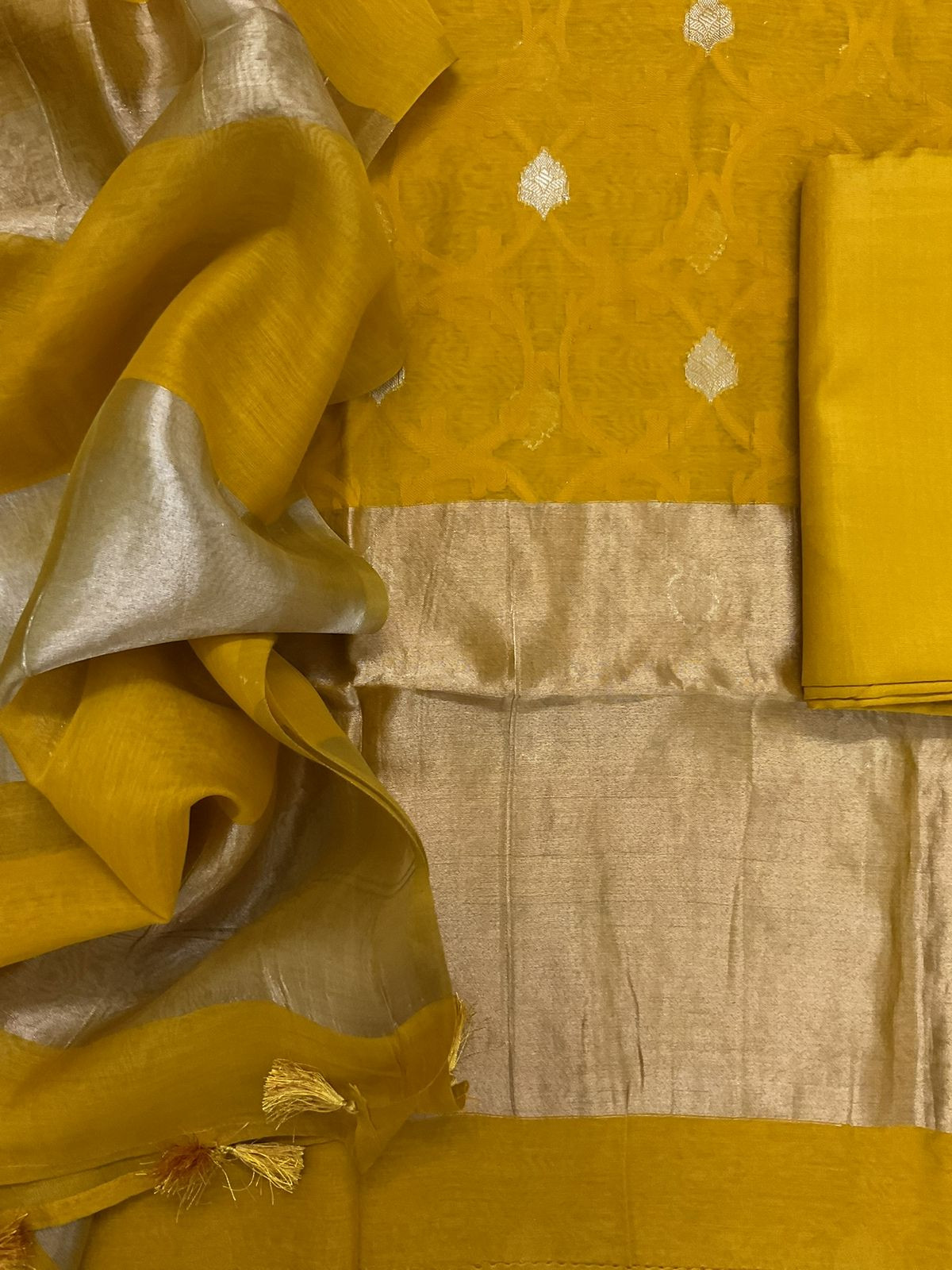 Pure Chanderi Self Weaved Banarasi Weaved Suit - Yellow