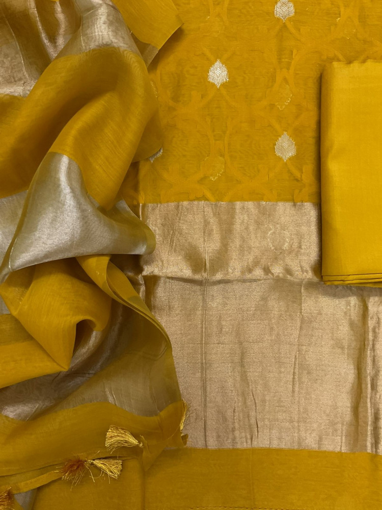 Image of Pure Chanderi Self Weaved Banarasi Weaved Suit - Yellow