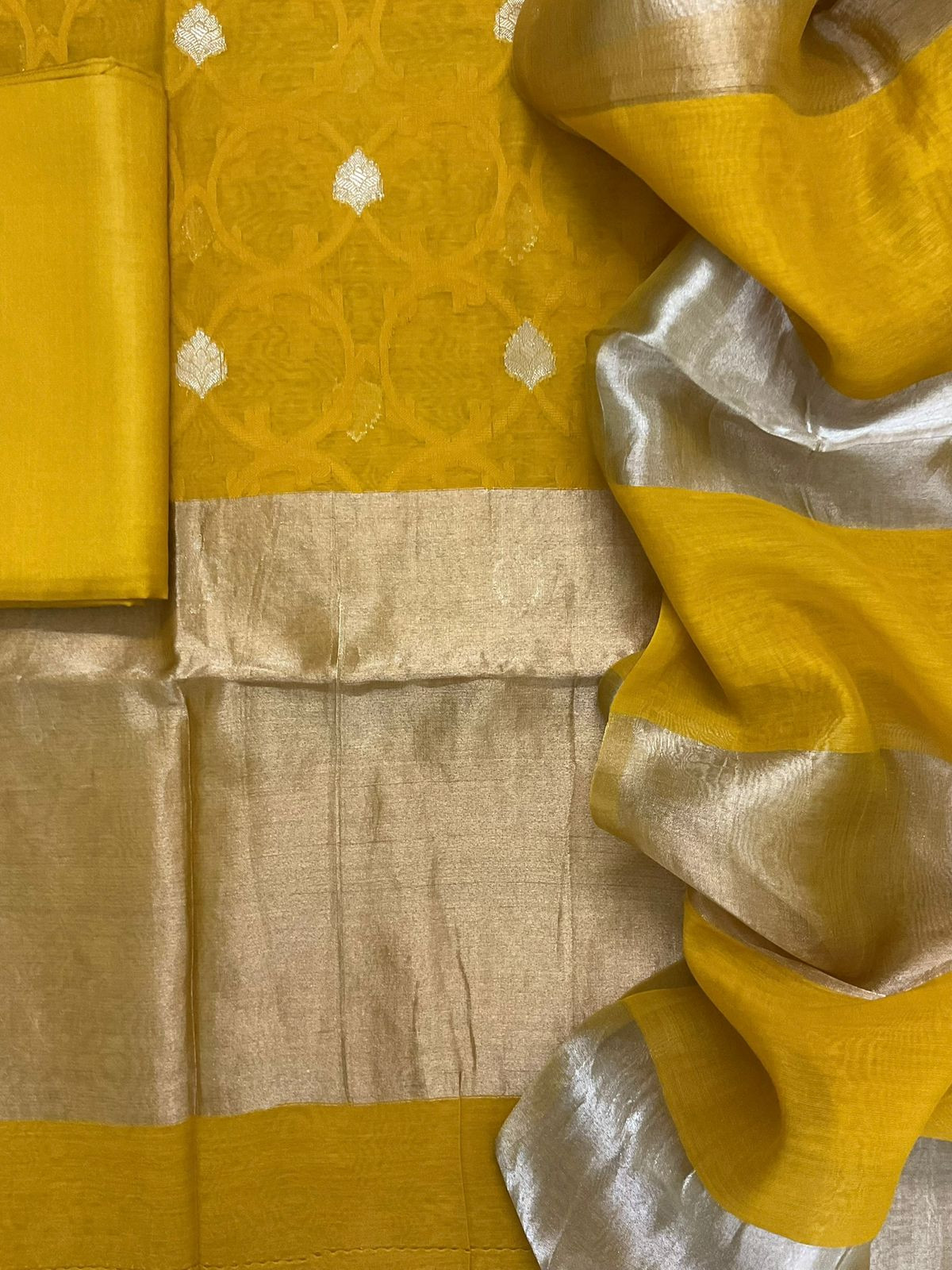 Pure Chanderi Self Weaved Banarasi Weaved Suit - Yellow