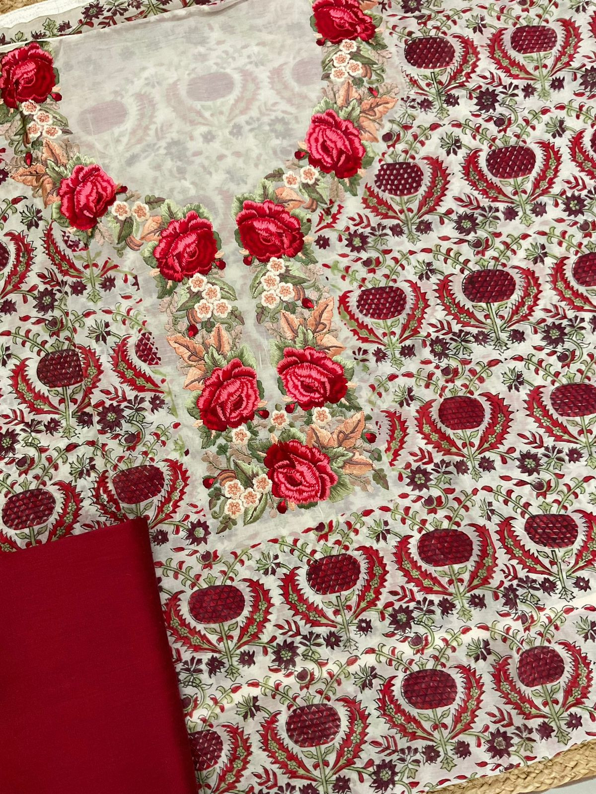 Pure Mul Chanderi Printed Embroidered Suit - Cream