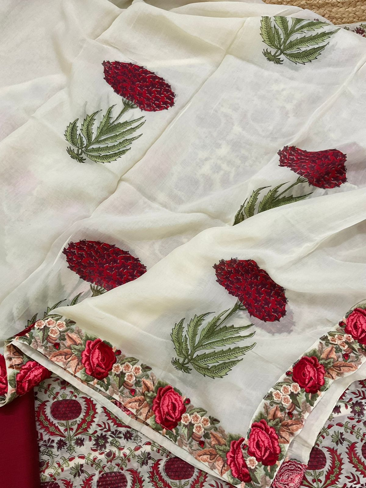 Pure Mul Chanderi Printed Embroidered Suit - Cream