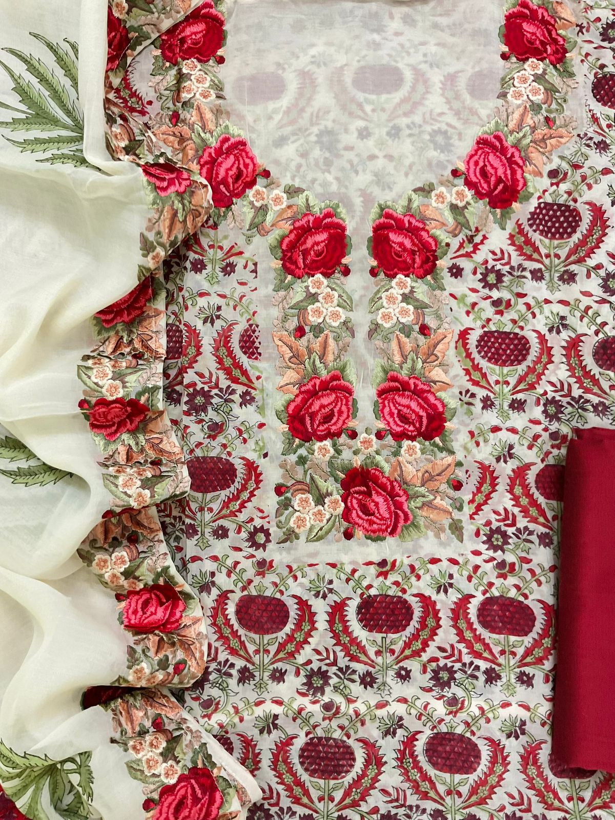 Pure Mul Chanderi Printed Embroidered Suit - Cream