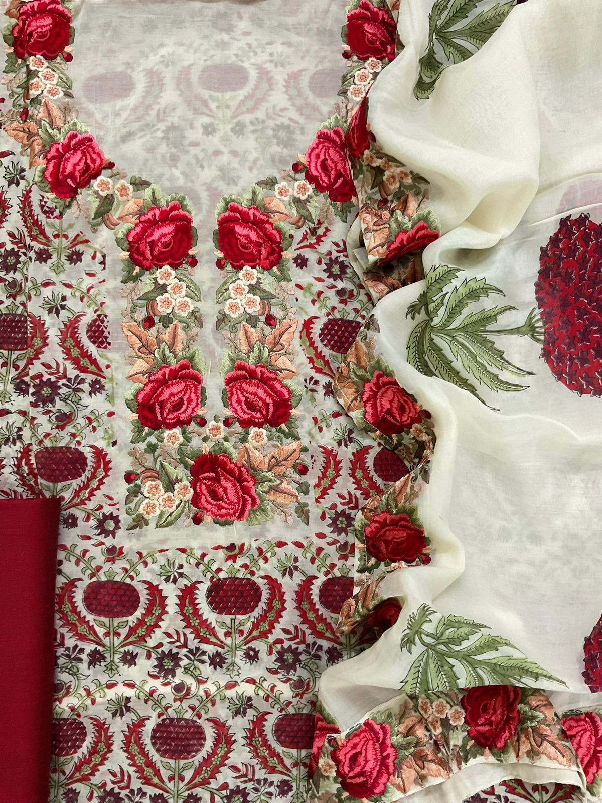 Pure Mul Chanderi Printed Embroidered Suit - Cream