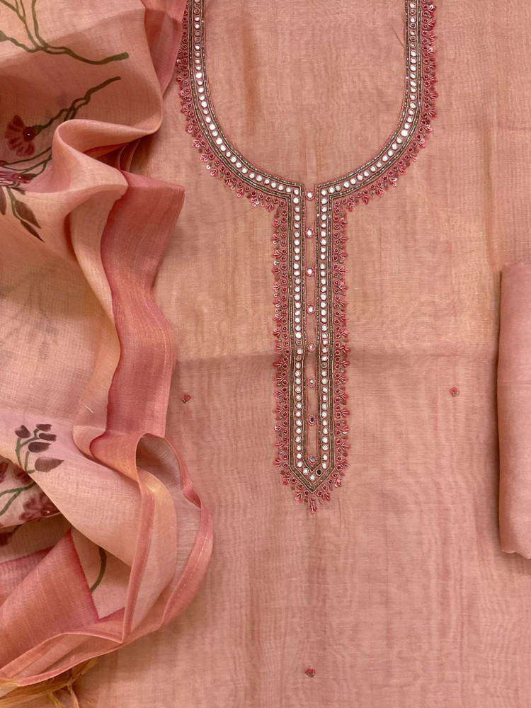 Image of Soft Tissue Slub Cotton Printed Embroidered Suit - Peachish Pink