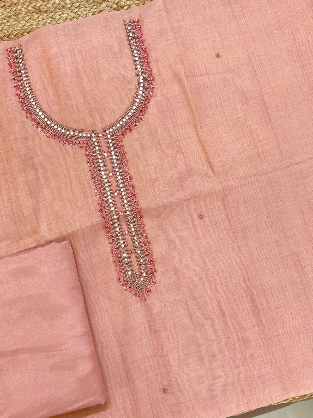 Soft Tissue Slub Cotton Printed Embroidered Suit - Peachish Pink