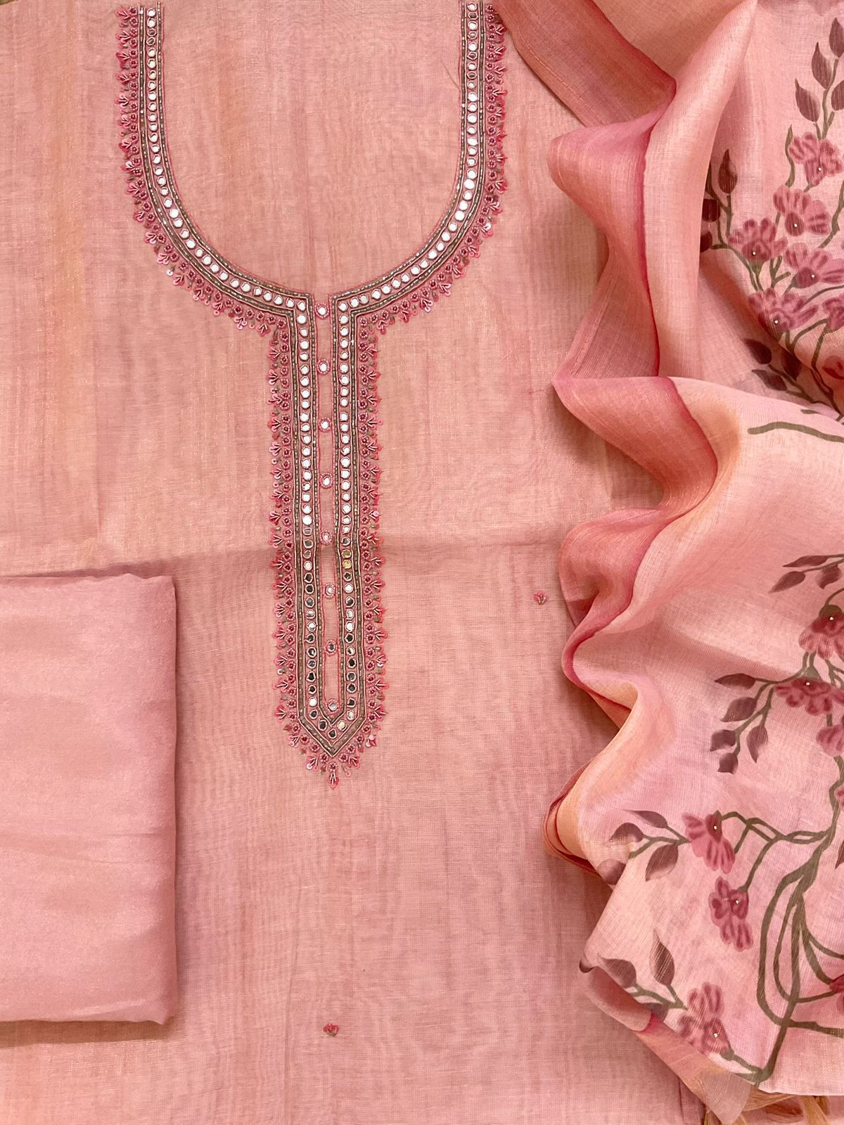 Soft Tissue Slub Cotton Printed Embroidered Suit - Peachish Pink
