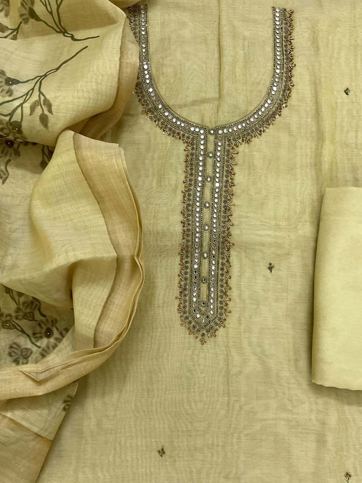 Soft Tissue Slub Cotton Printed Embroidered Suit - Green