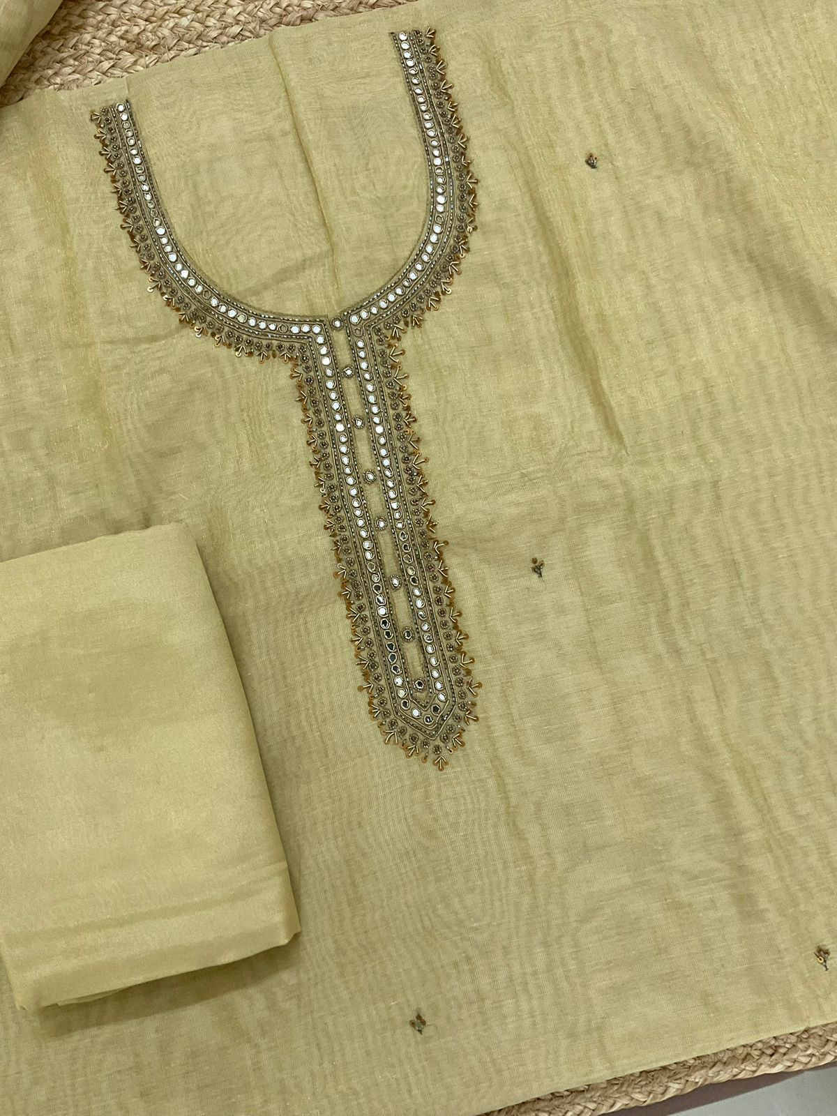 Soft Tissue Slub Cotton Printed Embroidered Suit - Green